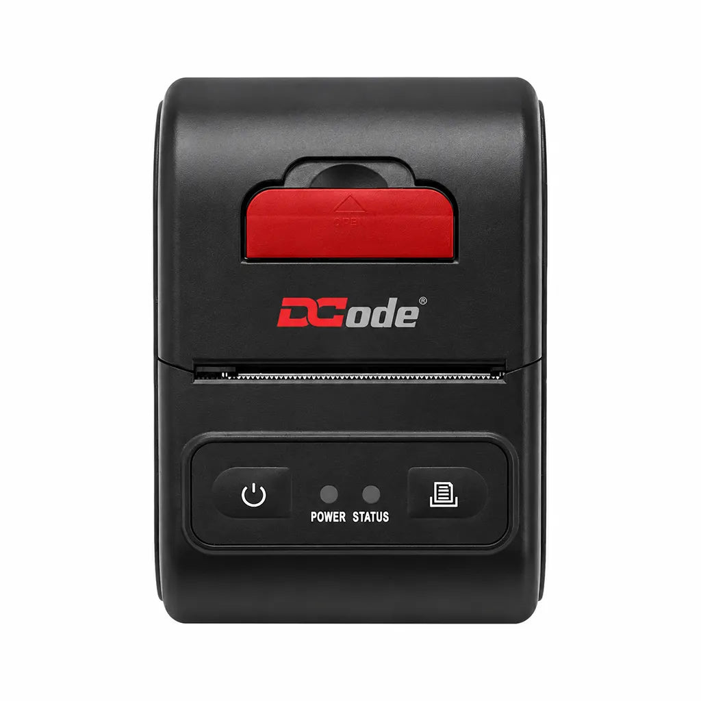 Dcode DCMP21 mobile thermal receipt printer front view with USB and Bluetooth connectivity for 58mm receipt printing.