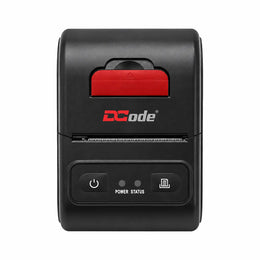 Dcode DCMP21 mobile thermal receipt printer front view with USB and Bluetooth connectivity for 58mm receipt printing.
