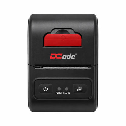 Dcode DCMP21 mobile thermal receipt printer front view with USB and Bluetooth connectivity for 58mm receipt printing.