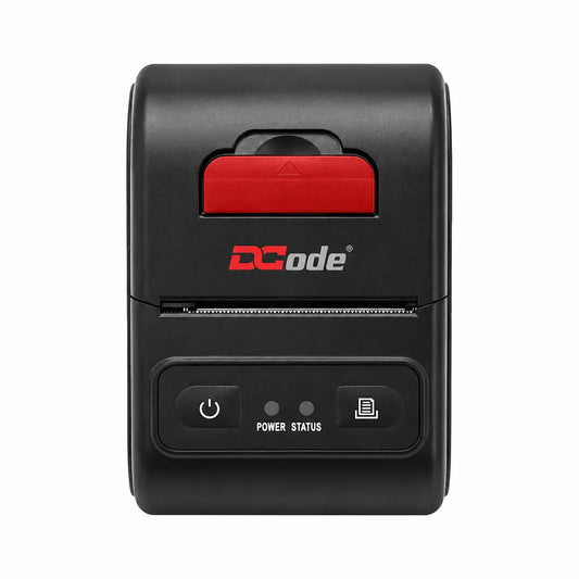 Dcode DCMP21 mobile thermal receipt printer front view with USB and Bluetooth connectivity for 58mm receipt printing.