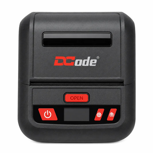 Front view of Dcode DCMP30 3 Inch Bluetooth mobile POS receipt printer with USB connectivity and direct thermal printing technology.