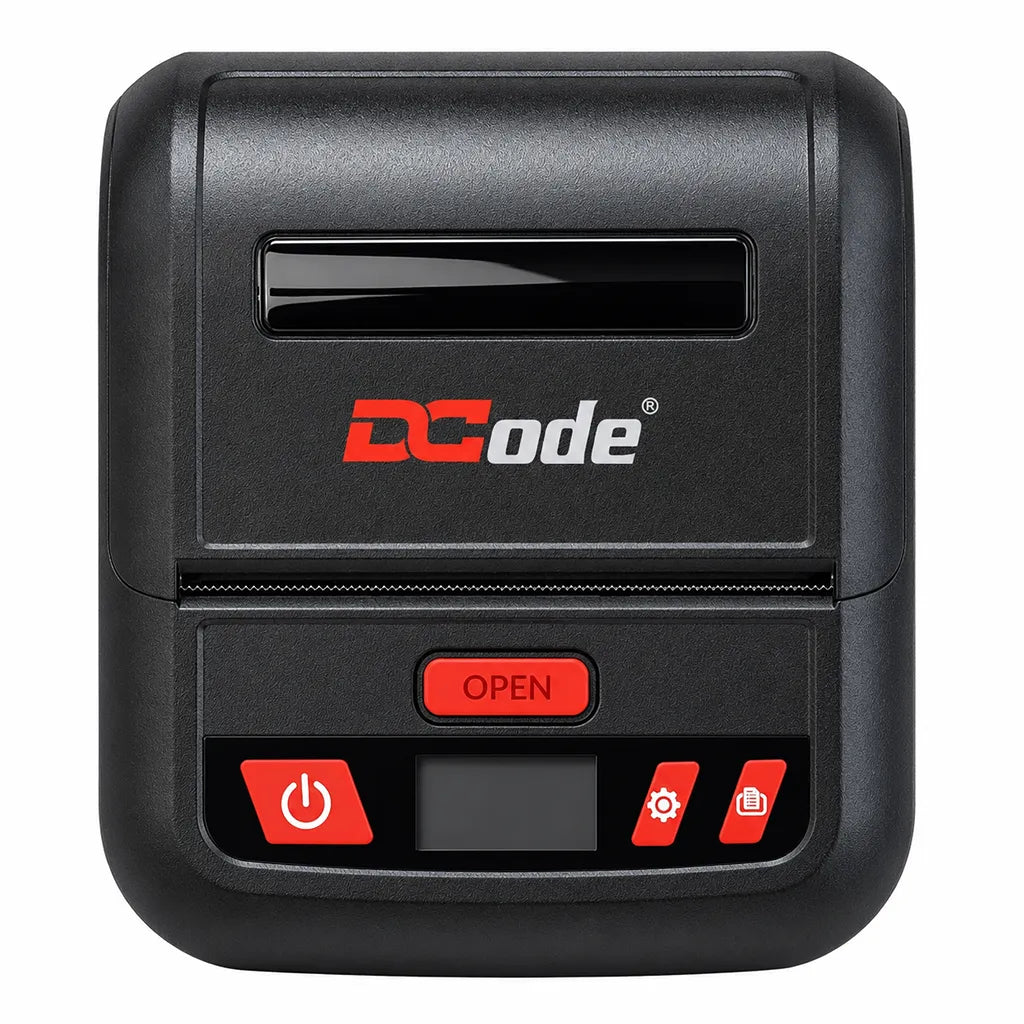 Straight front view of Dcode DCMP30 direct thermal mobile receipt printer for restaurants, cafes and retail POS systems.