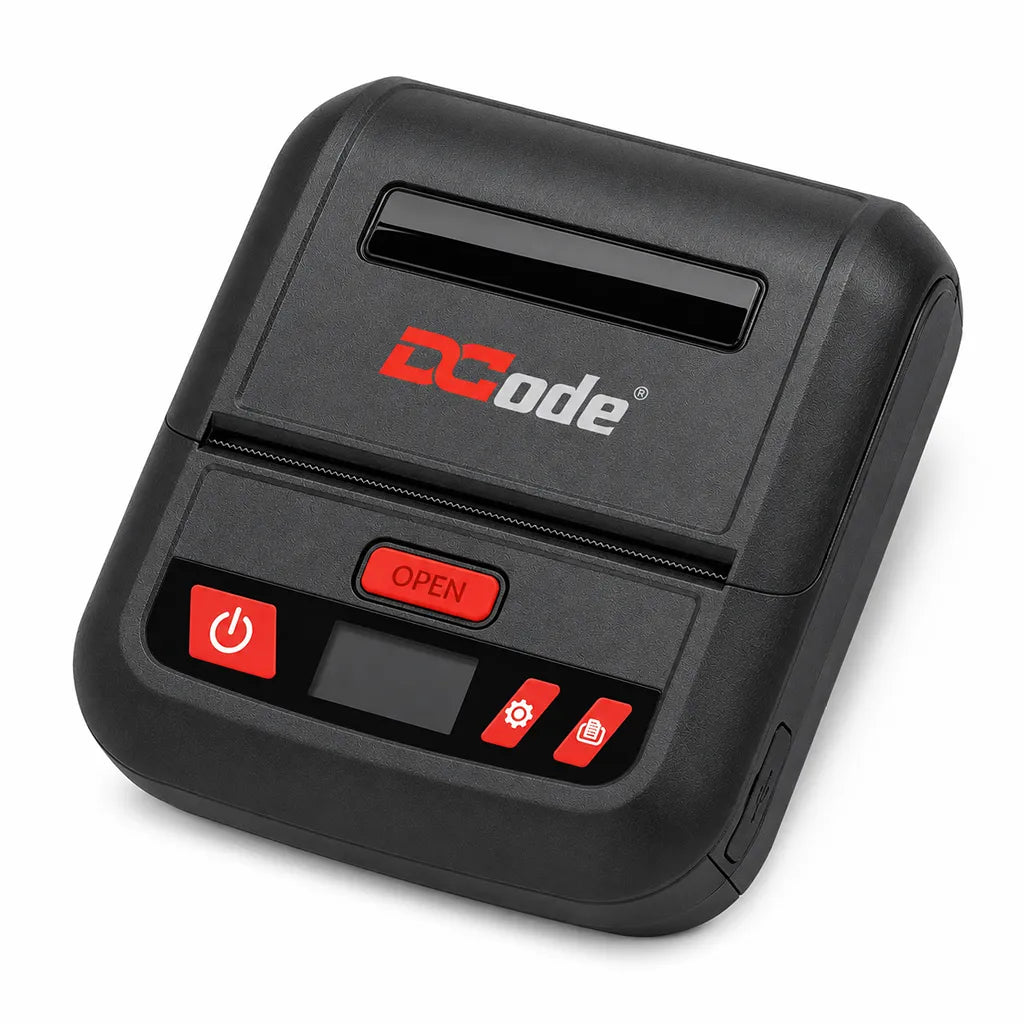 Dcode DCMP30 portable Bluetooth thermal receipt printer shown from top left angle for mobile POS billing applications.
