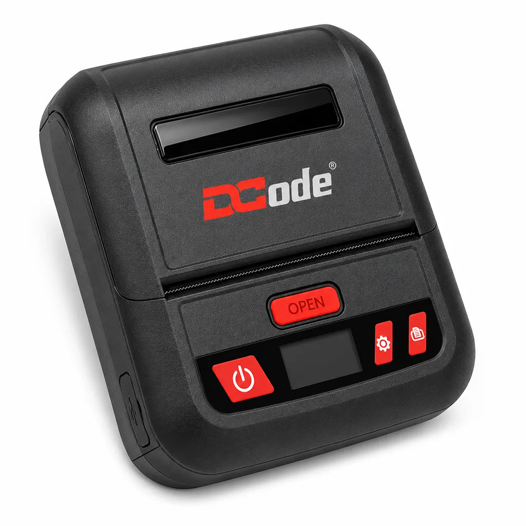 Dcode DCMP30 wireless mobile POS receipt printer top right perspective featuring compact portable design and direct thermal printing.