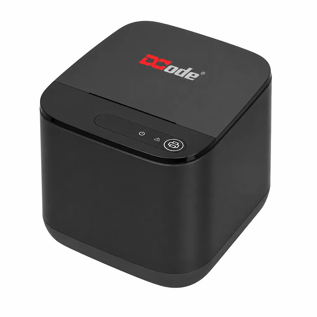 Left angled view of Dcode DCRP20 2 Inch POS thermal receipt printer with compact space-saving design.