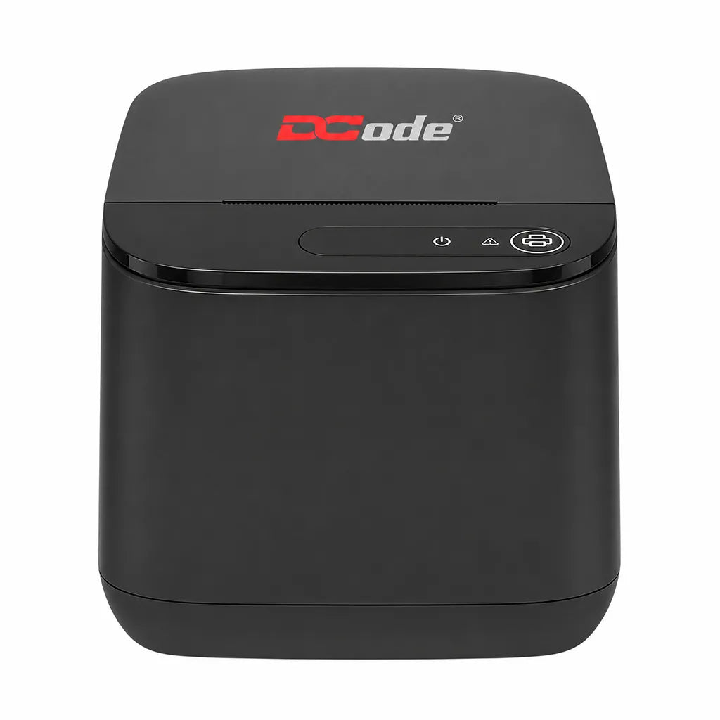 Dcode DCRP20 2 Inch thermal receipt printer front view with USB connectivity for POS billing and barcode receipt printing.