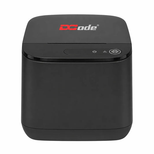 Dcode DCRP20 2 Inch thermal receipt printer front view with USB connectivity for POS billing and barcode receipt printing.