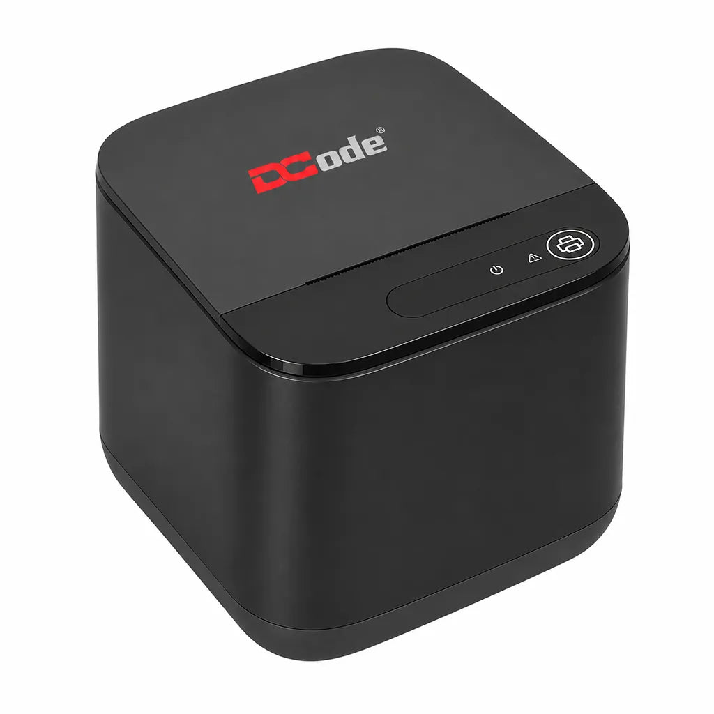 Right angled view of Dcode DCRP20 direct thermal receipt printer for POS billing and barcode receipt printing.