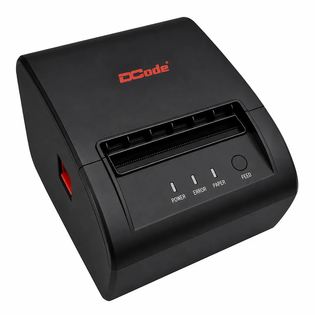 Dcode DCRP30 3 Inch direct thermal receipt printer front left angle view for POS billing systems.