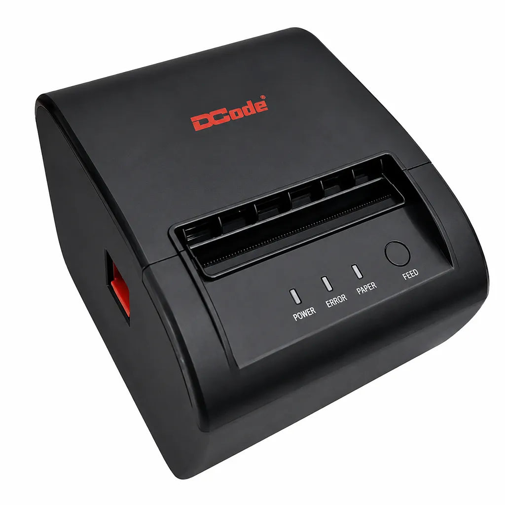Top front left angle of Dcode DCRP30 3 Inch thermal receipt printer with compact desktop design.