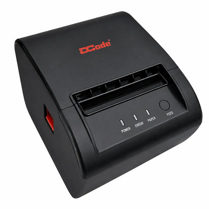 Top front left angle of Dcode DCRP30 3 Inch thermal receipt printer with compact desktop design.