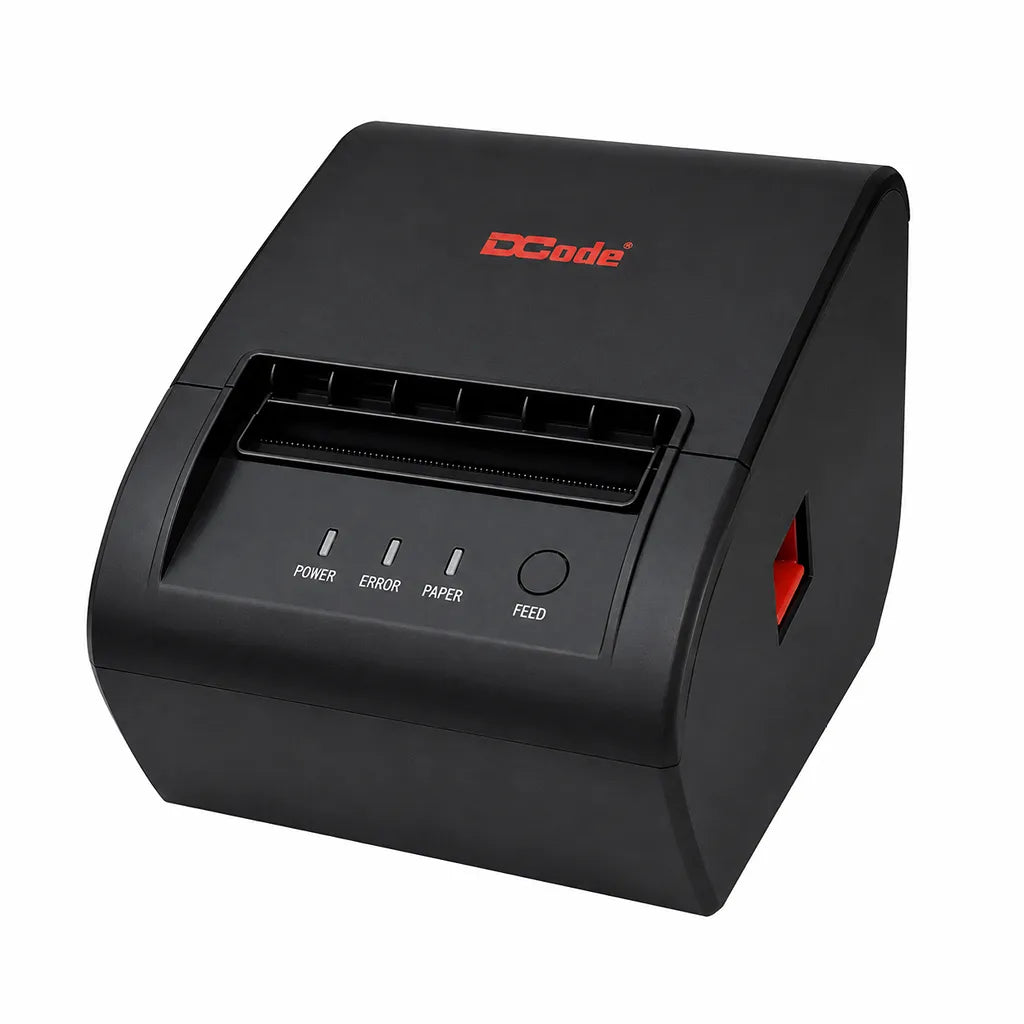 Dcode DCRP30 thermal receipt printer front right angle showing compact desktop design for retail POS.