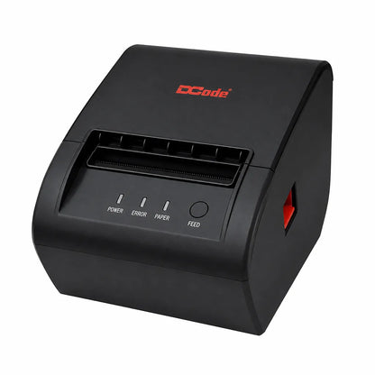 Dcode DCRP30 thermal receipt printer front right angle showing compact desktop design for retail POS.