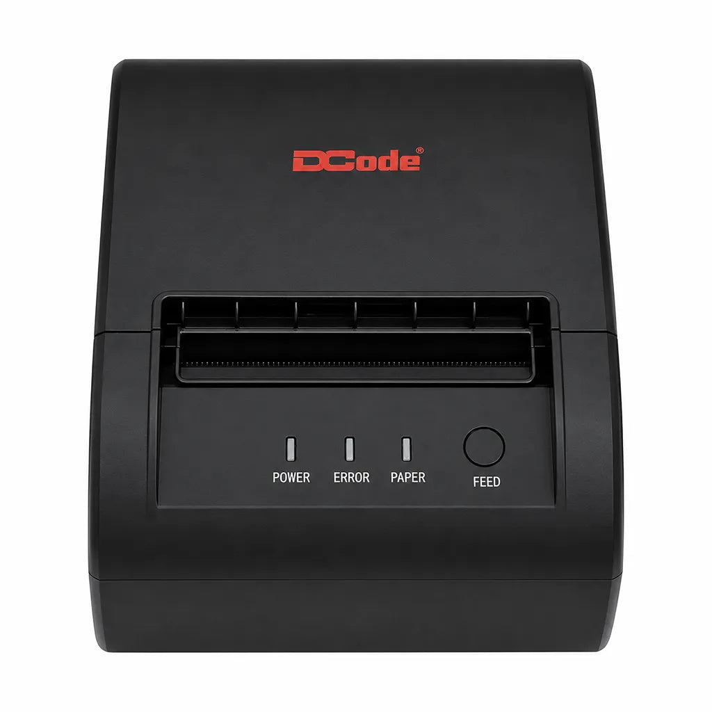 Front view of Dcode DCRP30 3 Inch thermal receipt printer with feed button and status LED indicators.