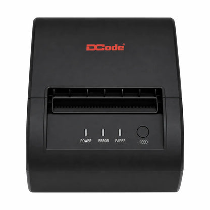 Front view of Dcode DCRP30 3 Inch thermal receipt printer with feed button and status LED indicators.