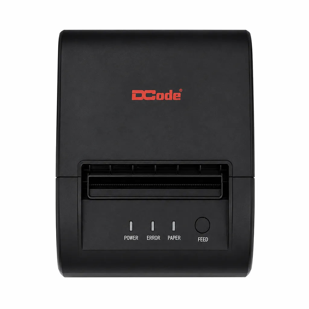 Dcode DCRP30 POS thermal receipt printer front view with paper outlet and control panel.