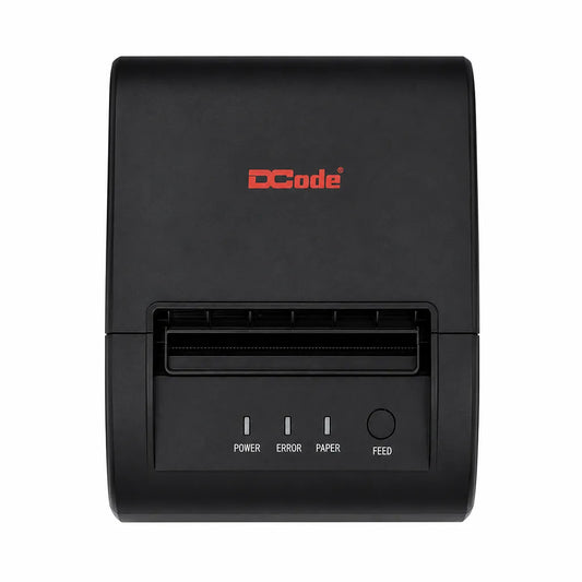 Dcode DCRP30 POS thermal receipt printer front view with paper outlet and control panel.