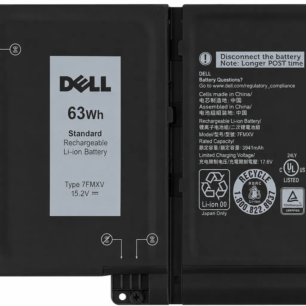 Close-up of Dell 4M1JN-OEM Original Laptop Battery 63WHr 4 Cell showing OEM branding, model details and safety markings for Latitude 5320, 7320, 7420 and 7520 -tpstech.in