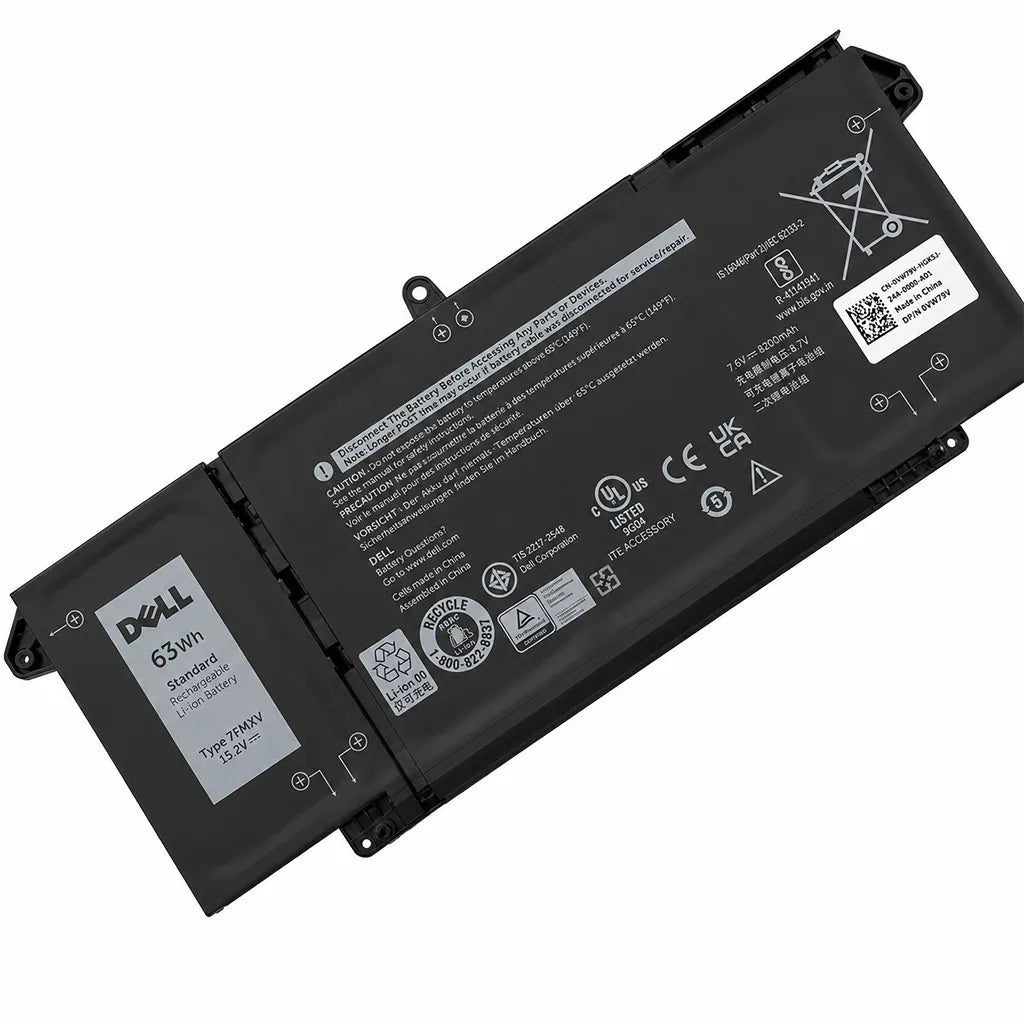 Dell 4M1JN-OEM Original Laptop Battery 63WHr 4 Cell for Latitude 5320, Latitude 7320, Latitude 7420 and Latitude 7520 rear angled view with safety labels -tpstech.in