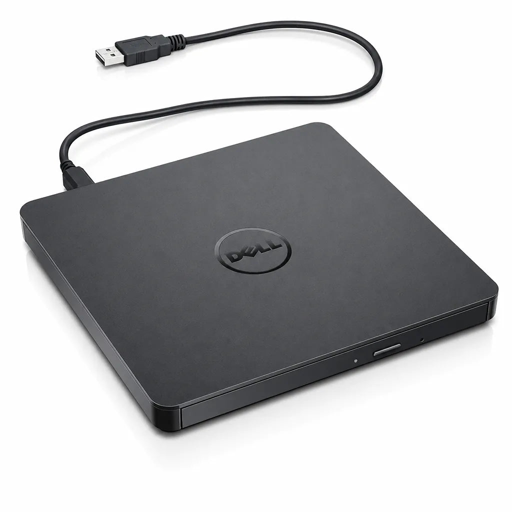 Dell DW316 external USB DVD±RW writer featuring a slim black design and built in USB cable viewed from the left angle.