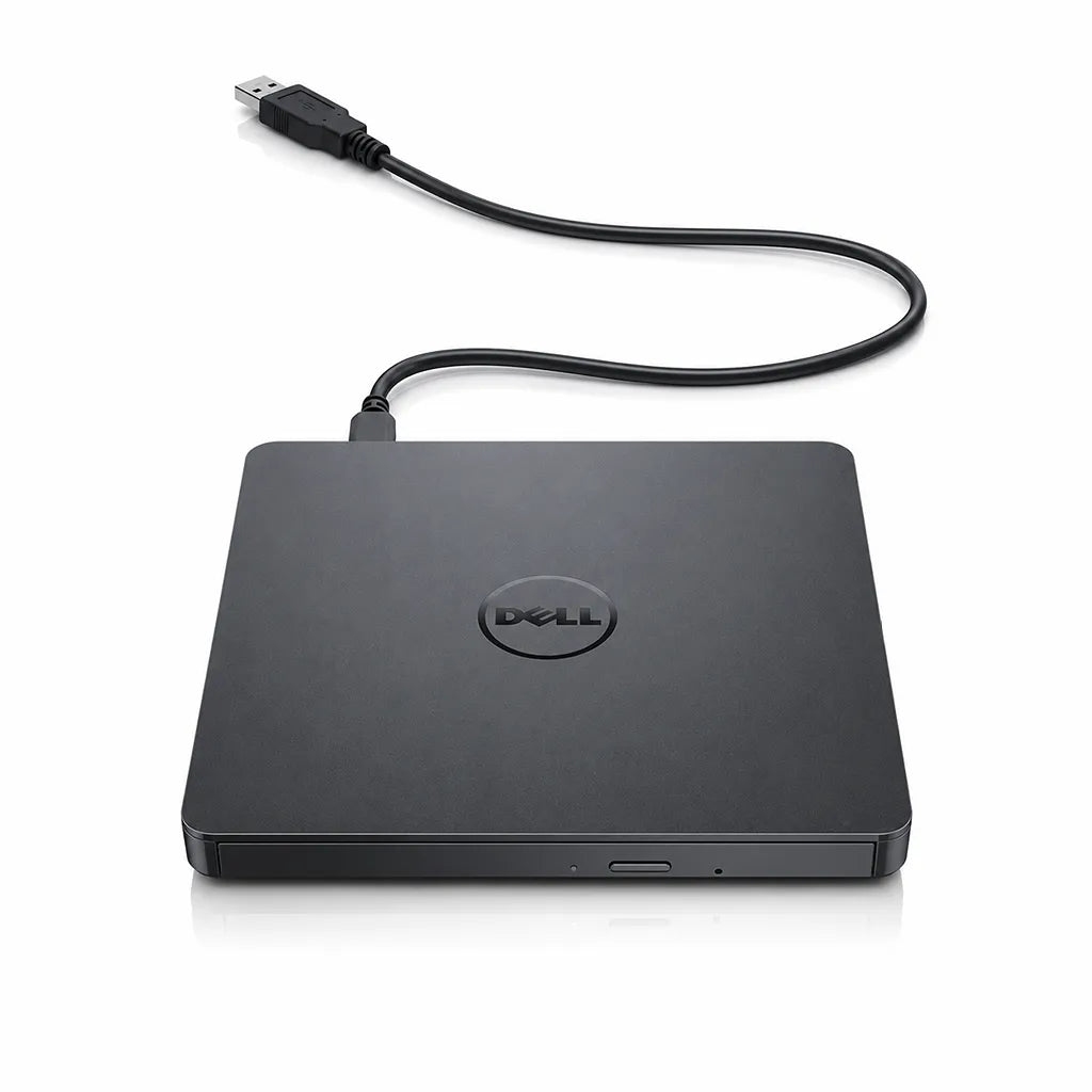 Front view of the Dell DW316 USB Slim DVD±RW external optical drive with tray loading mechanism and integrated USB cable.