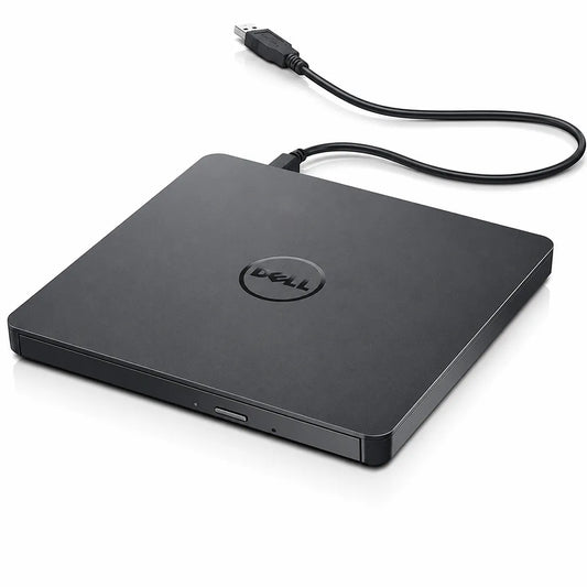 Dell DW316 USB Slim DVD±RW external optical drive with integrated USB cable shown in front angled view on a white background.
