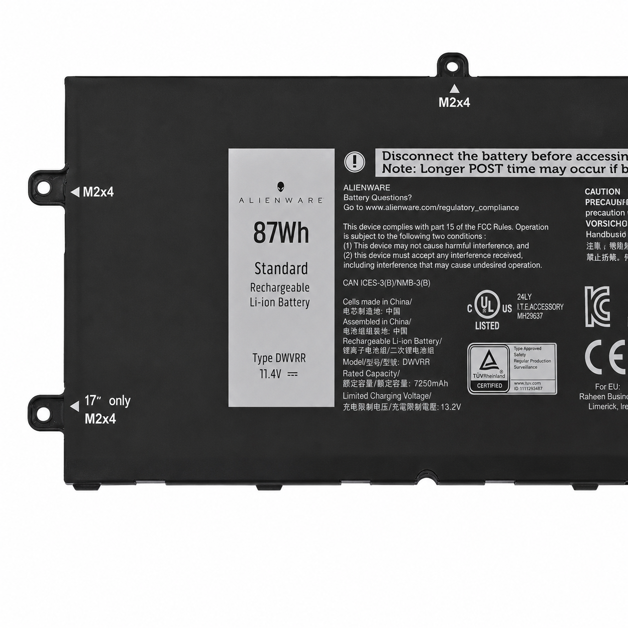 Close-up of Dell DWVRR 87Wh 11.4V rechargeable Li-ion laptop battery specification label for Alienware and Inspiron compatibility.