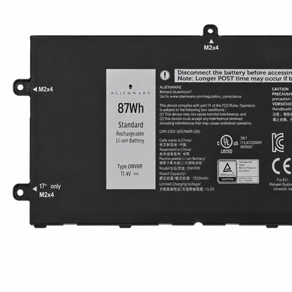 Close-up of Dell DWVRR 87Wh 11.4V rechargeable Li-ion laptop battery specification label for Alienware and Inspiron compatibility.
