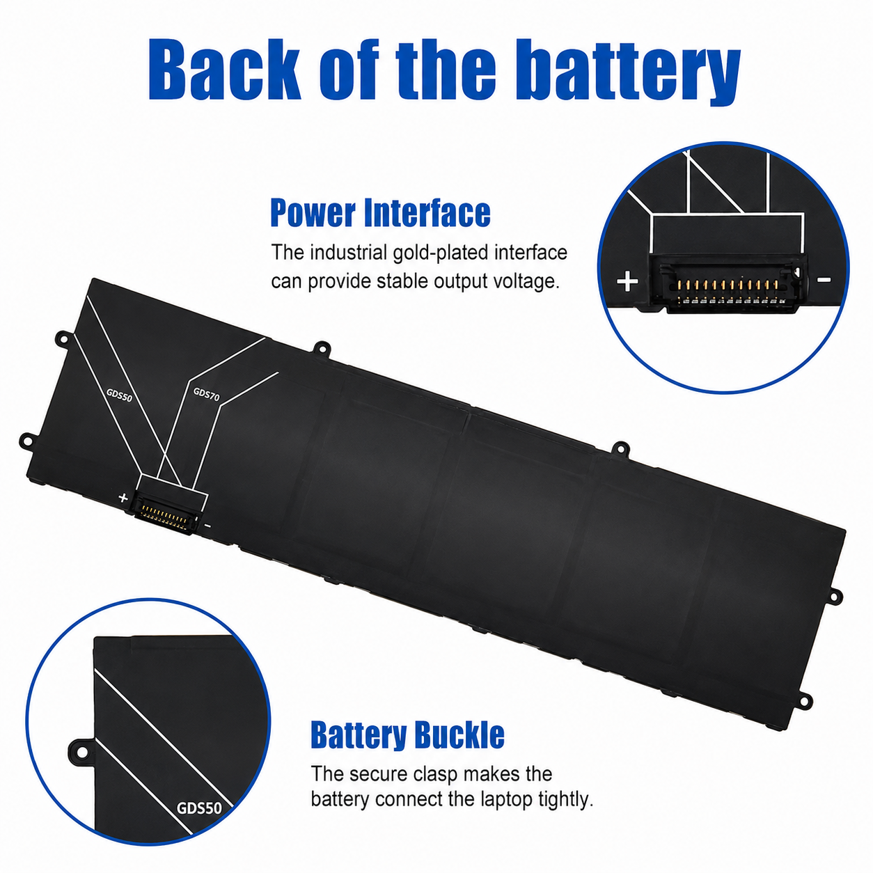 Back view of Dell DWVRR 87Wh original laptop battery showing gold-plated power interface and secure battery buckle for Alienware X15 X17 and Inspiron 16 7620.