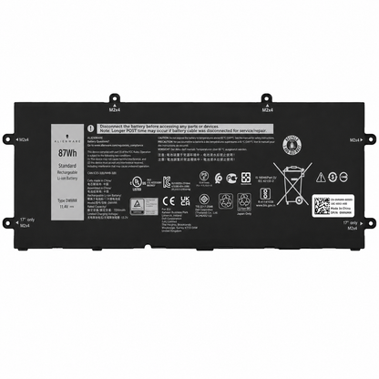 Rear label view of Dell DWVRR 87Wh rechargeable Li-ion laptop battery showing technical specifications and safety certifications.