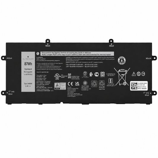 Rear label view of Dell DWVRR 87Wh rechargeable Li-ion laptop battery showing technical specifications and safety certifications.