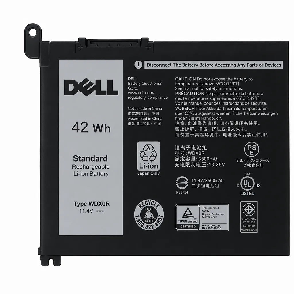 Front view of Dell HM1H5-OEM 42WHR 11.4V 3-Cell Laptop Battery for Precision 3480 3490 3580 3590 with original product label -tpstech.in