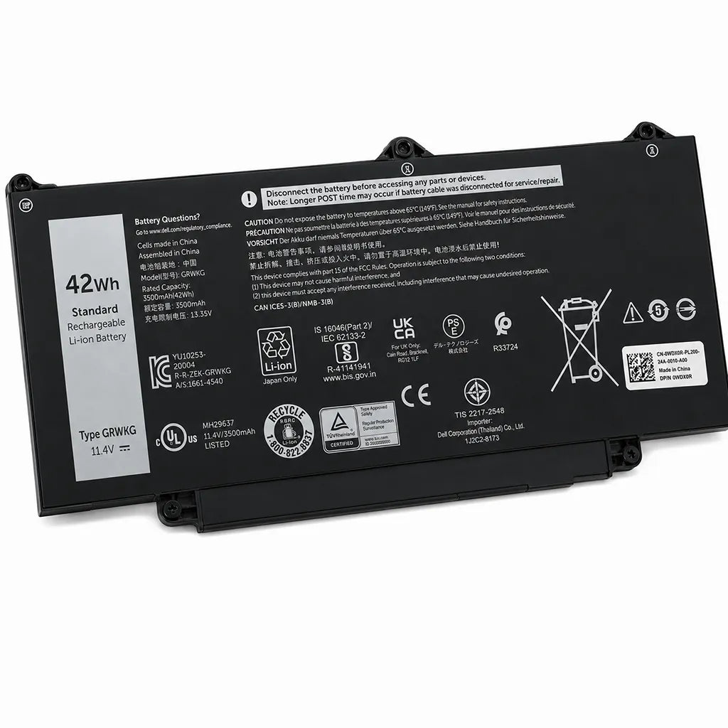Dell HM1H5-OEM 42WHR 11.4V 3-Cell Laptop Battery rear angled view for Precision 3480 3490 3580 3590 laptops showing OEM label and safety markings -tpstech.in