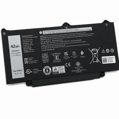 Dell HM1H5-OEM 42WHR 11.4V 3-Cell Laptop Battery rear angled view for Precision 3480 3490 3580 3590 laptops showing OEM label and safety markings -tpstech.in
