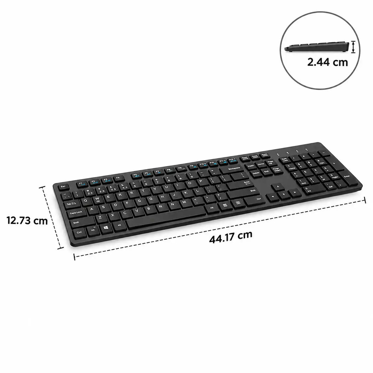 Dell KB216 Full-Size Wired Spill Resistance Keyboard with 3 Indicator Lights side perspective view showing dimension measurements tpstech.in