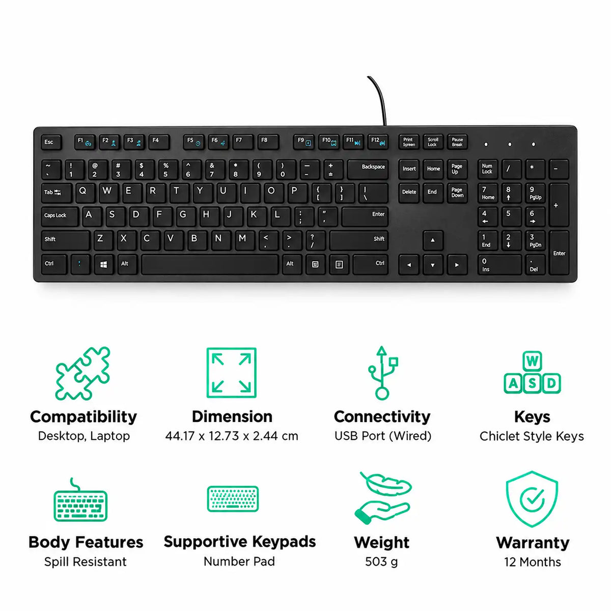 Dell KB216 Full-Size Wired Spill Resistance Keyboard with 3 Indicator Lights specifications infographic highlighting dimensions and chiclet keys tpstech.in
