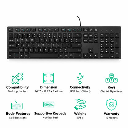Dell KB216 Full-Size Wired Spill Resistance Keyboard with 3 Indicator Lights specifications infographic highlighting dimensions and chiclet keys tpstech.in