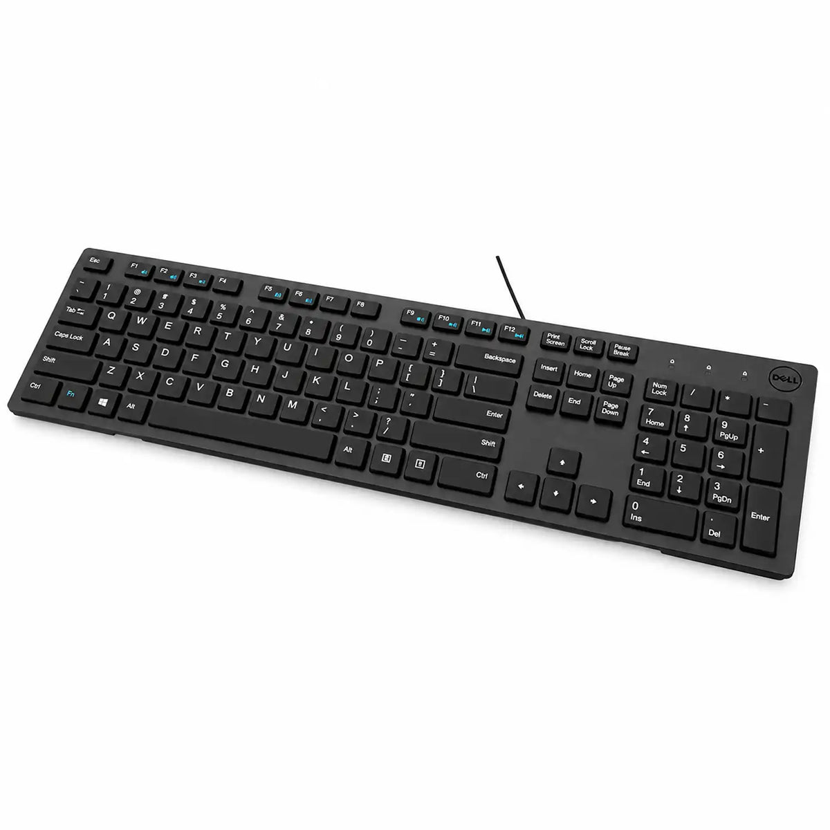 Dell KB216 Full-Size Wired Spill Resistance Keyboard with 3 Indicator Lights perspective profile view highlighting slim spill resistant chassis tpstech.in