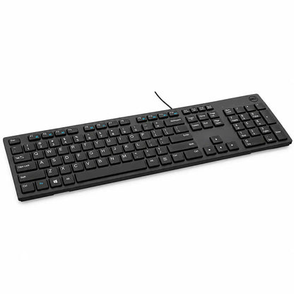 Dell KB216 Full-Size Wired Spill Resistance Keyboard with 3 Indicator Lights angled view showing low profile keys and numeric pad tpstech.in