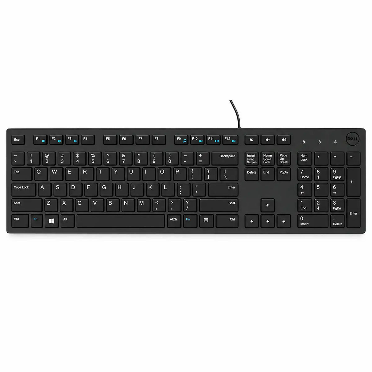 Dell KB216 Full-Size Wired Spill Resistance Keyboard with 3 Indicator Lights full layout top down view showing multimedia and function keys tpstech.in