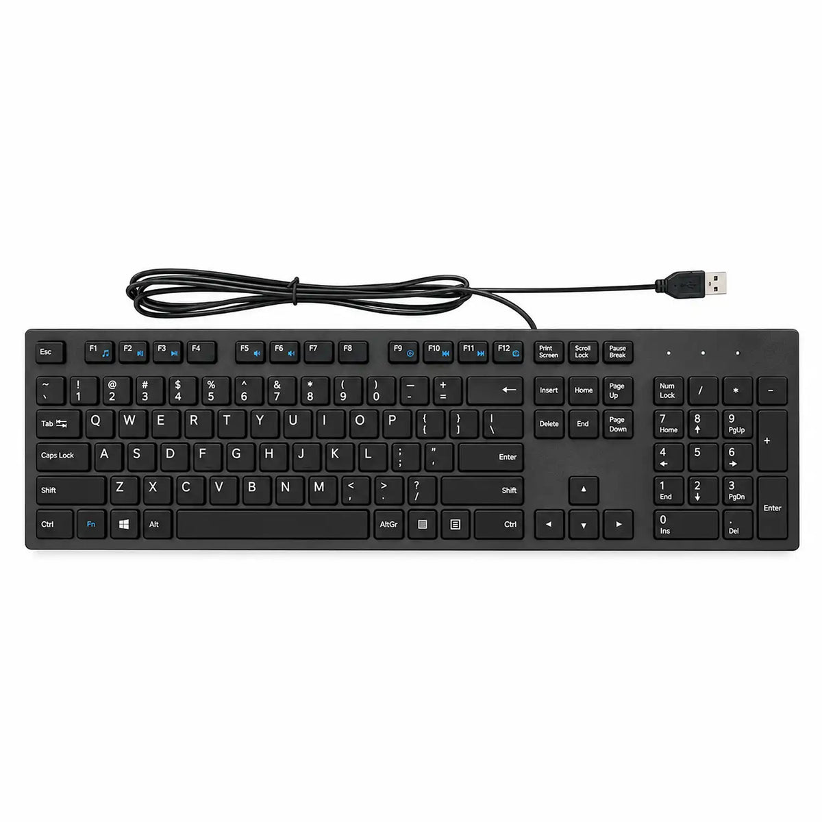 Dell KB216 Full-Size Wired Spill Resistance Keyboard with 3 Indicator Lights straight top view with coiled USB connection cable tpstech.in