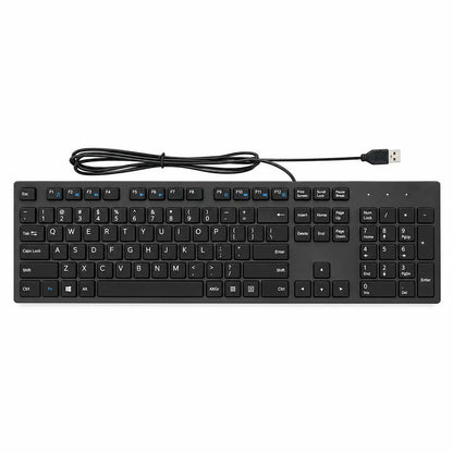 Dell KB216 Full-Size Wired Spill Resistance Keyboard with 3 Indicator Lights straight top view with coiled USB connection cable tpstech.in