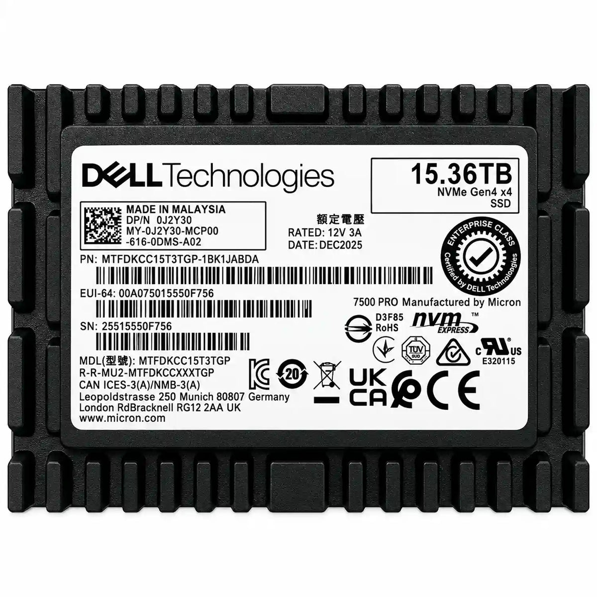 Dell 15.36TB U.3 NVMe SSD MTFDKCC15T3TGP-1BK1JABDA (Pulled-Out)