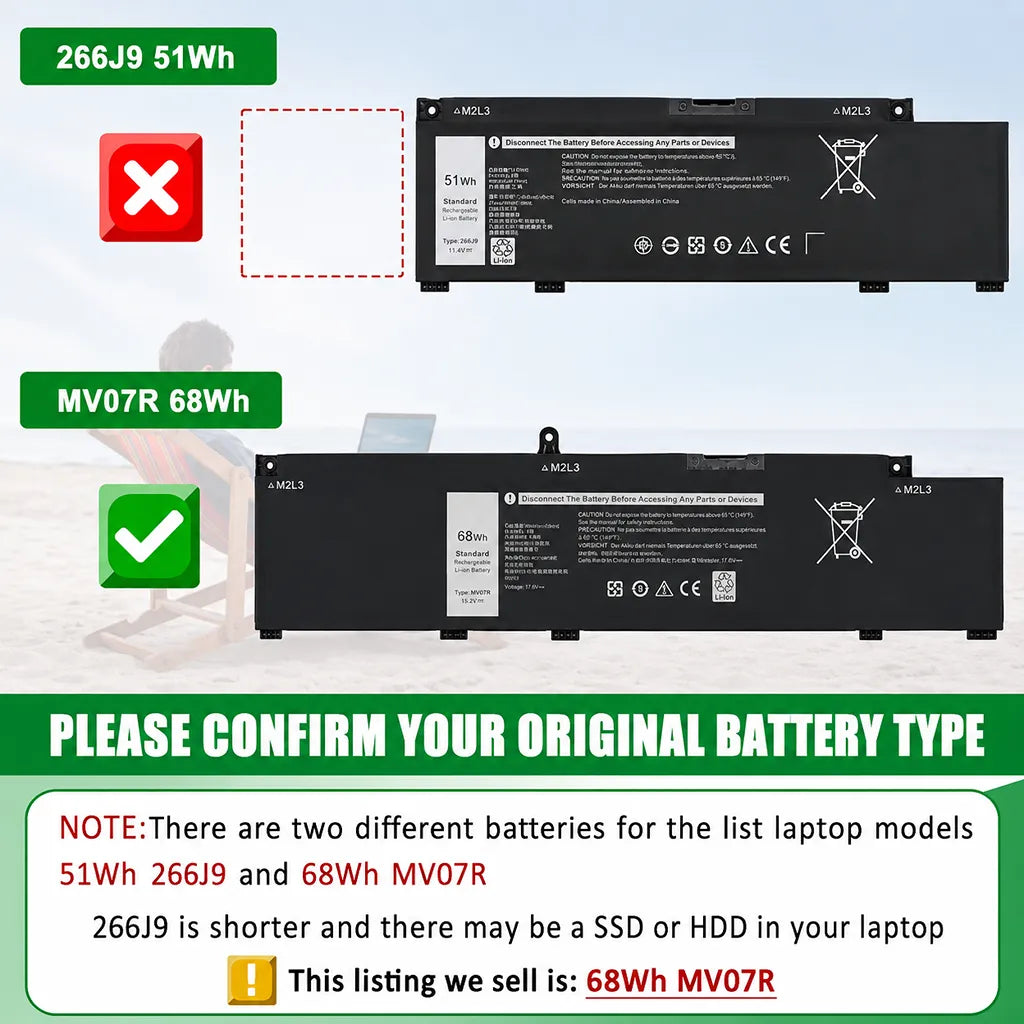 Dell Original W5W19 68WHr 4474mAh 15.2V 4 Cell Replacement Laptop Battery comparison between 51Wh 266J9 and 68Wh MV07R battery models for compatibility verification -tpstech.in
