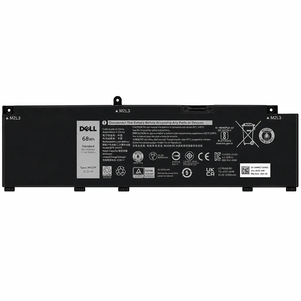Dell Original W5W19 68WHr 4474mAh 15.2V 4 Cell Replacement Laptop Battery front view showing original Dell label, certifications and battery specifications -tpstech.in