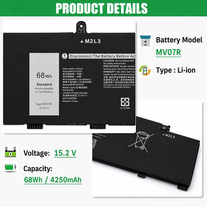 Dell Original W5W19 68WHr 4474mAh 15.2V 4 Cell Replacement Laptop Battery product details showing MV07R battery model, Li-ion type, 15.2V voltage and 68Wh capacity -tpstech.in