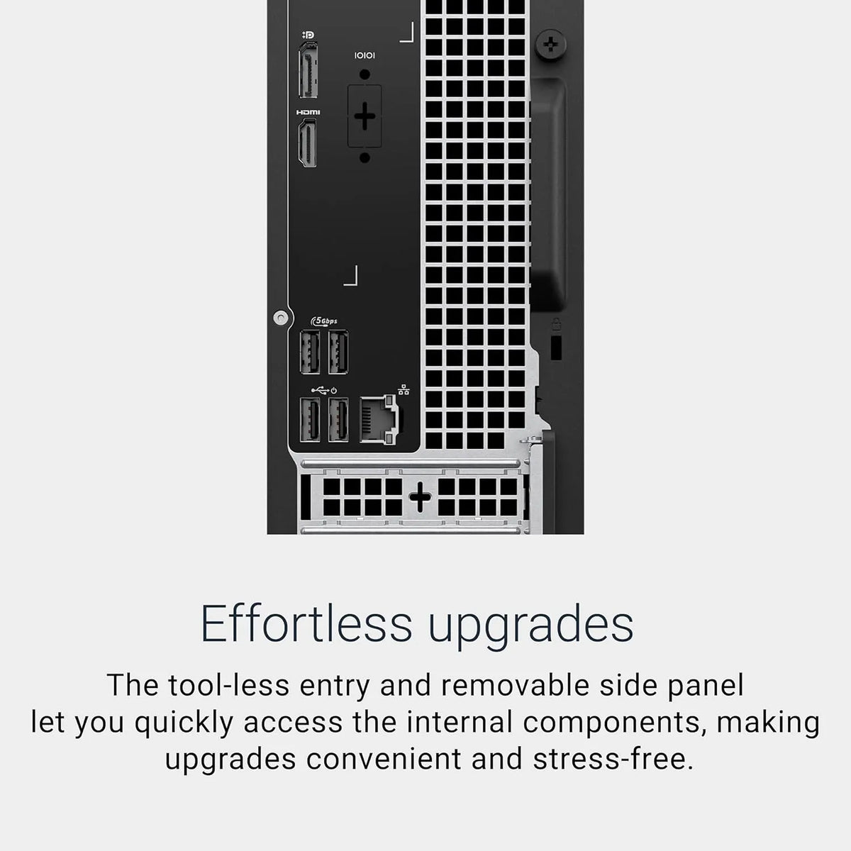 Dell ECS1250 Slim Desktop PC Core i3-14100 rear connectivity ports and tool-less side panel access -tpstech.in