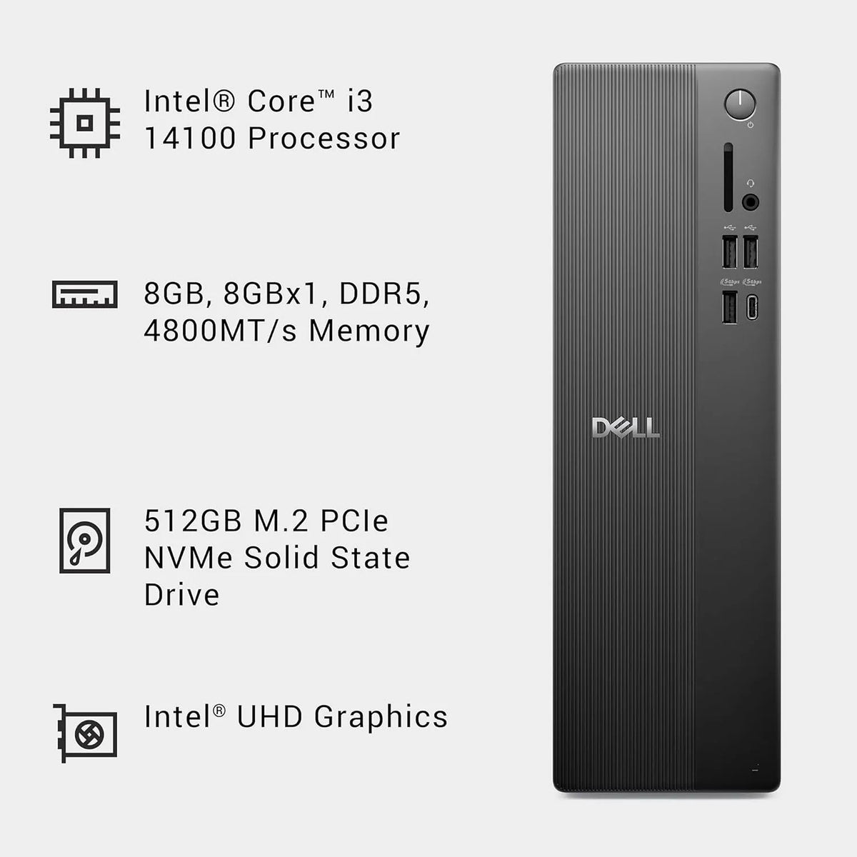 Dell Slim Desktop ECS1250 Intel Core i3 14100 compact desktop key technical specifications -tpstech.in