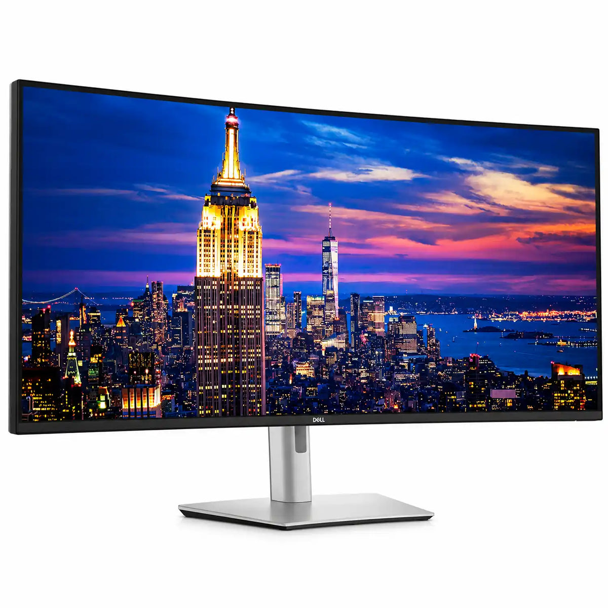 Dell UltraSharp U5226KW 52-inch 6K Thunderbolt Monitor angled perspective view showing curved ultrawide display with twilight cityscape wallpaper -tpstech.in