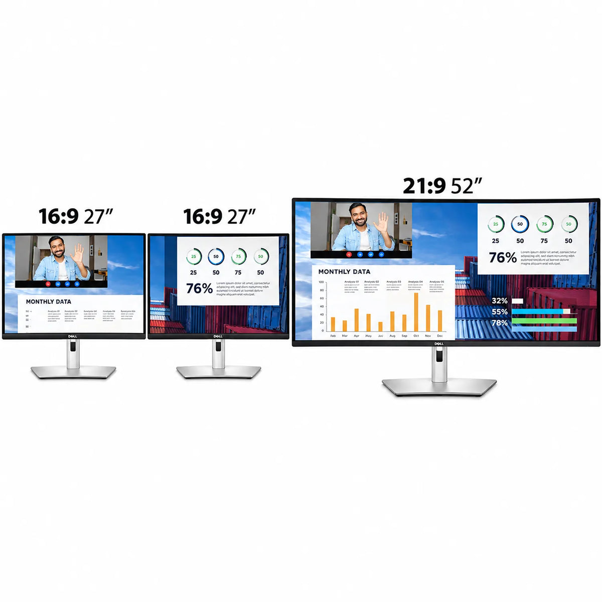 Dell UltraSharp U5226KW 52-inch 6K Thunderbolt Monitor screen comparison showing 21 to 9 52-inch display replacing dual 16 to 9 27-inch monitors -tpstech.in
